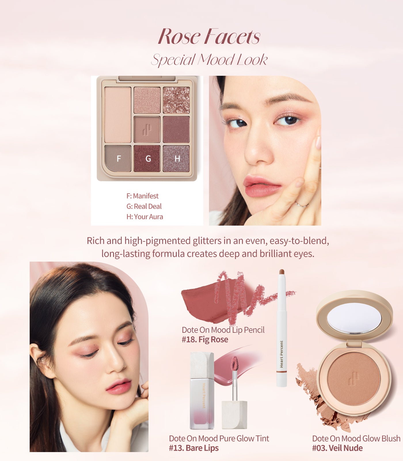 Heart Percent Dote On Mood Eye Palette, 01 Rose Facets